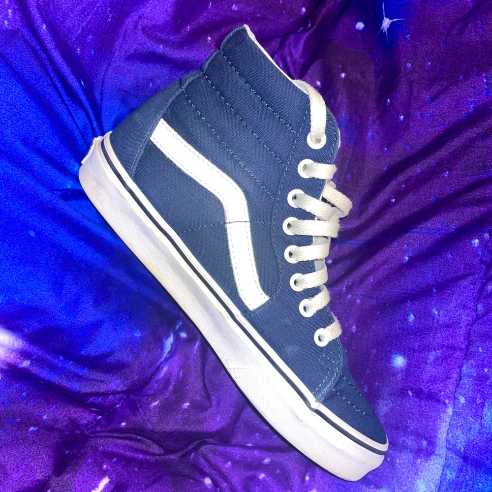 Night Blue and True White High Top Vans